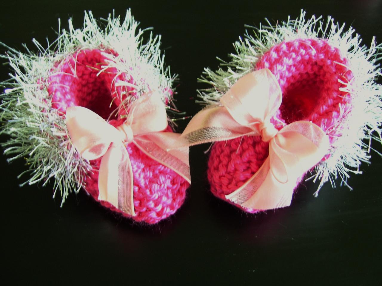 Silver Trimmed Delicate Handmade Bright Pink Baby Booties
