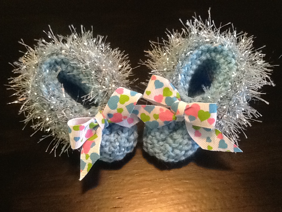 Hearts Trimmed Delicate Handmade Blue Baby Booties