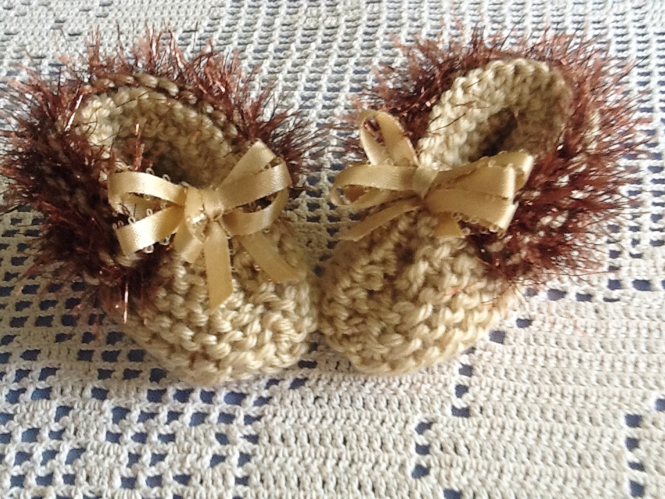 Sparkling Brown Trimmed Delicate Handmade Tan Baby Booties