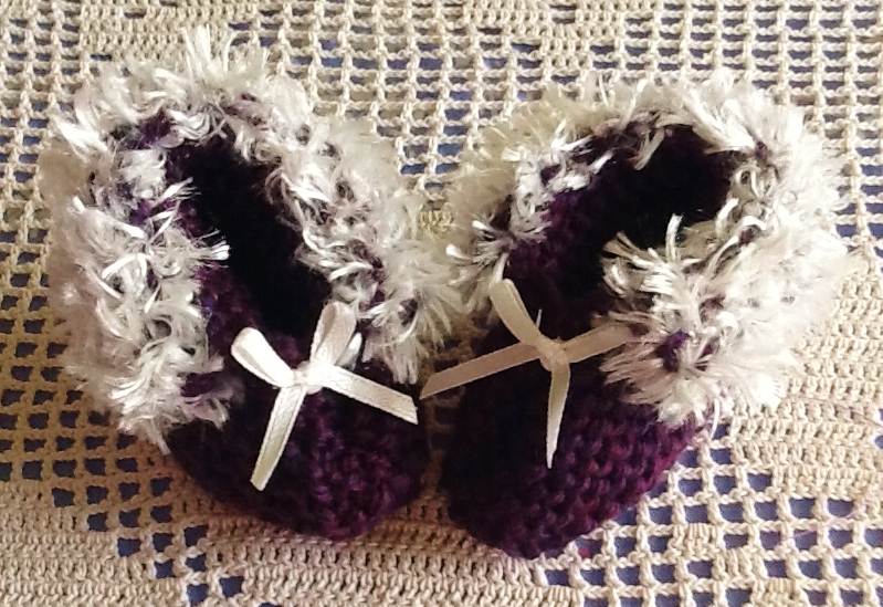 White Fur Trimmed Delicate Dark Purple Handmade Baby Booties