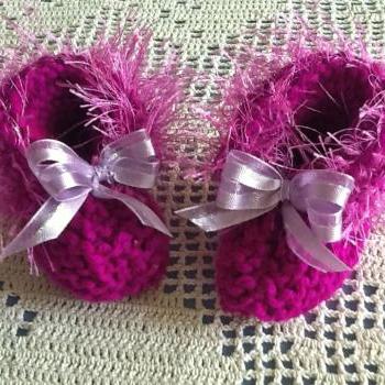 Fuzzy Trimmed Delicate Handmade Purple Baby Booties on Luulla